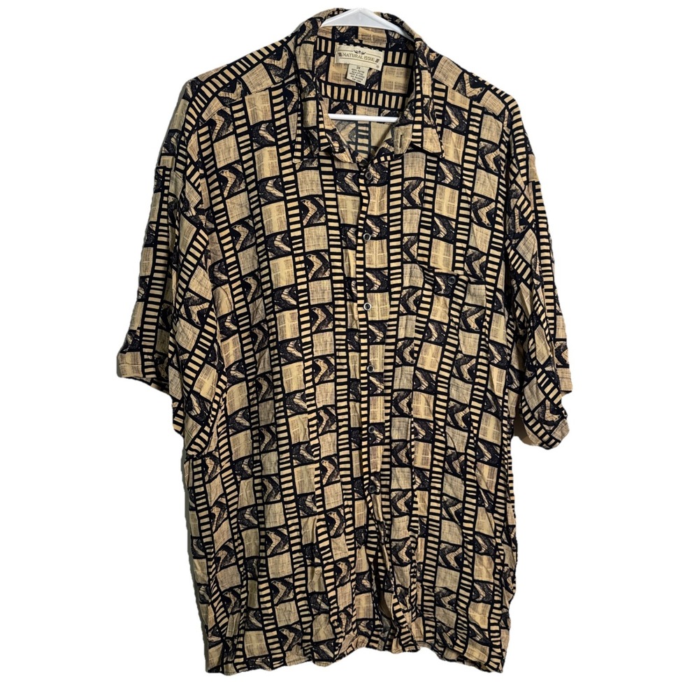 Vintage Natural Issue 3X Rayon Shirt Made in Korea Abstract Geometric‎ Print